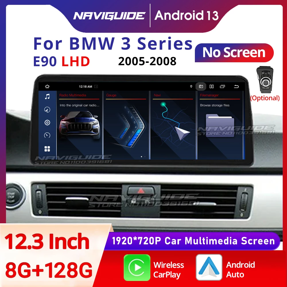 NAVIGUIDE 10.25'' Android 13 For BMW 3 Series E90  NO Screen 2005-2008 LHD Car CarPlay Screen Multimedia Player GPS Stereo WIFI