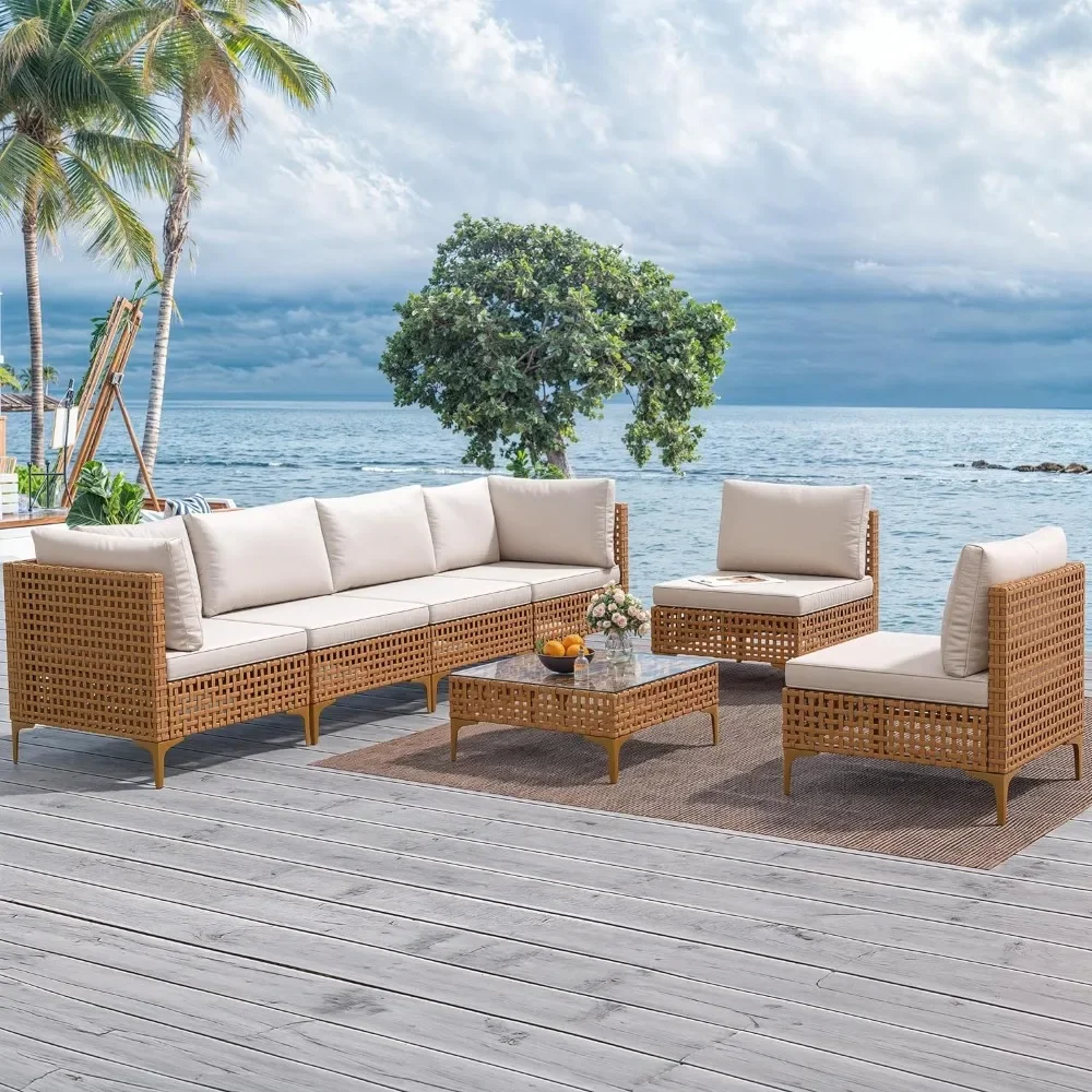 

Patio Furniture Set, All-weather PE Wicker Patio Conversation Set, Outdoor Sectional Sofa with Coffee Table and Cushions