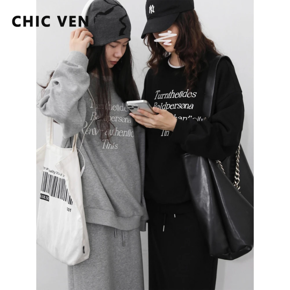 

Женские комплекты платьев CHIC VEN, свободные повседневные комплекты с круглым вырезом и буквенным принтом, эластичная юбка с разрезом на талии, осень-зима 2025