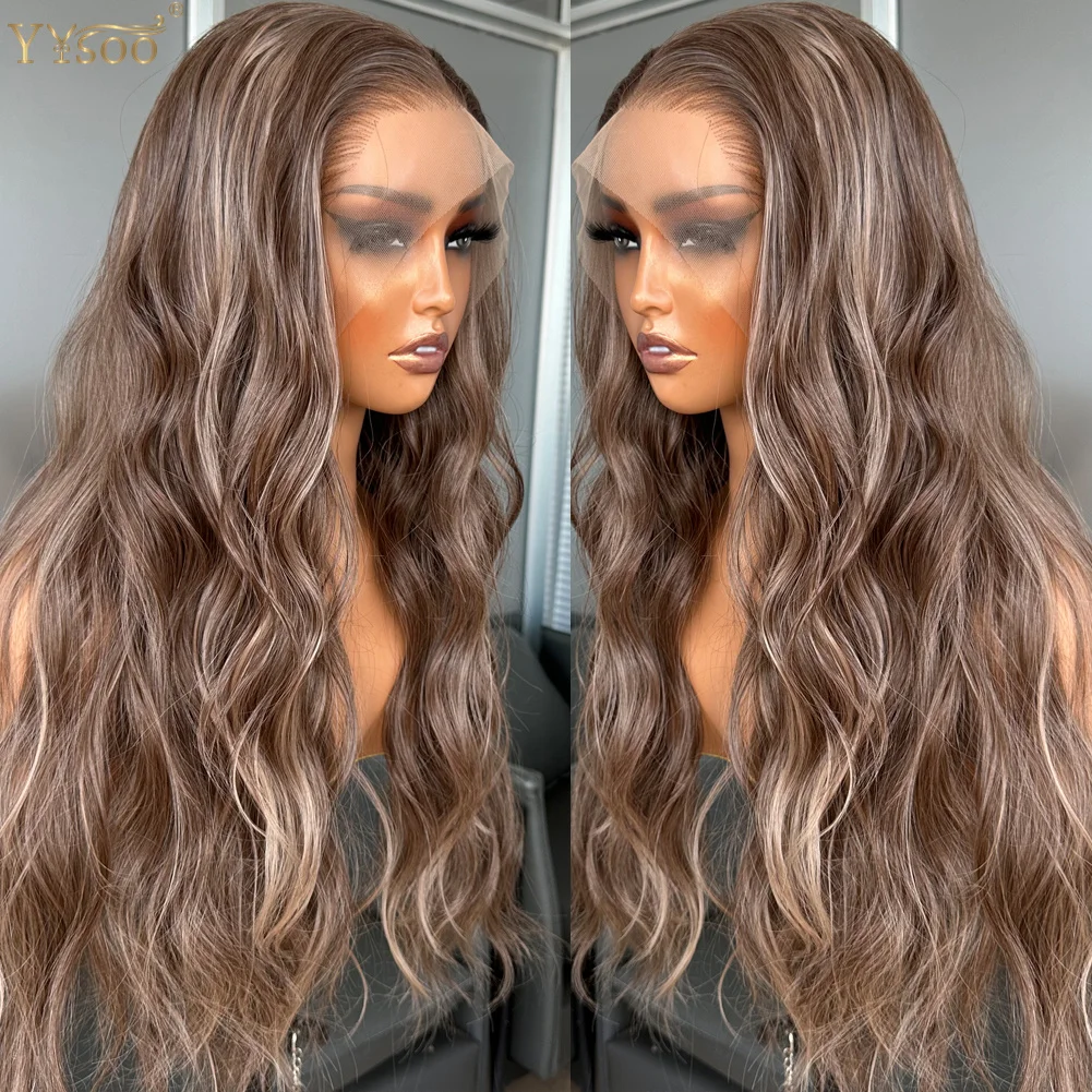 YYsoo Long Highlights Color 13x4 Silky Straight Japan Futura Glueless Synthetic Lace Front Wigs For Women Pre Plucked Hairline