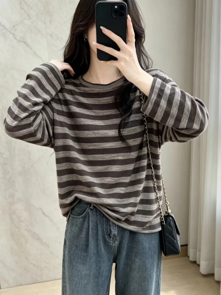 Slimming Effect Casual Striped T-Shirt Women's Loose Fit Autumn New Style plus Size Comfortable Base Shirt Commute Fashion