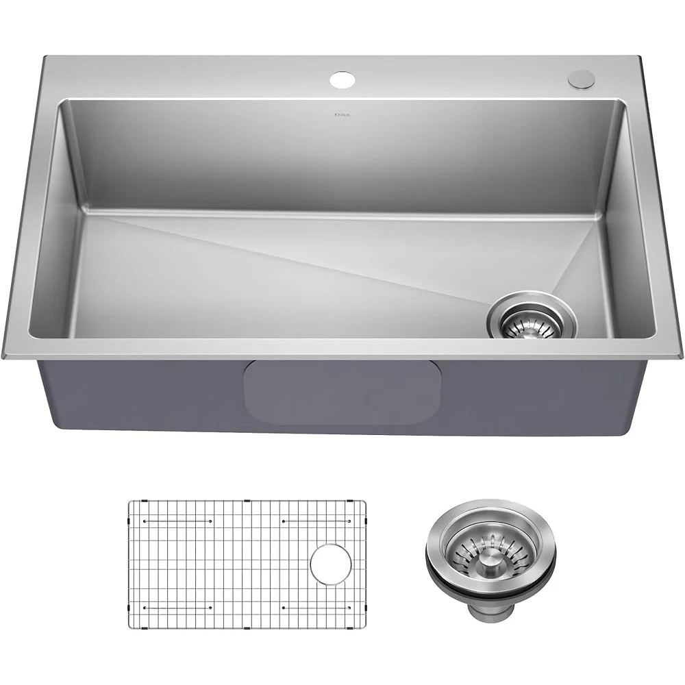 Drop In Stainless Steel Kitchen Sink 33 Inch Single Bowl 18 Gauge Durable Easy Drain Installation Kit Protective Grid Strainer