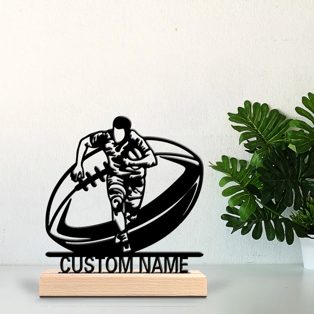 1 Stück romantische, personalisierte, individuelle Rugby-Metallstatuen, Sportliebhaber-Geschenk mit Holzsockel, perfekt für Schlafzimmer und Gedenk