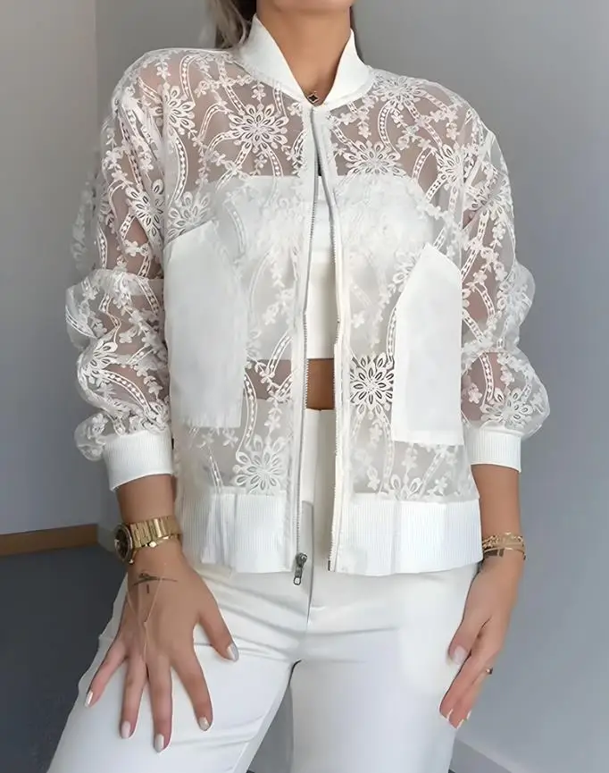 Women's Jacket 2025 New Floral Lace Embroidered Mesh Patchwork High-Low Hem Baseball Coat Casual Side Slit Zip Up Bomber Jacket