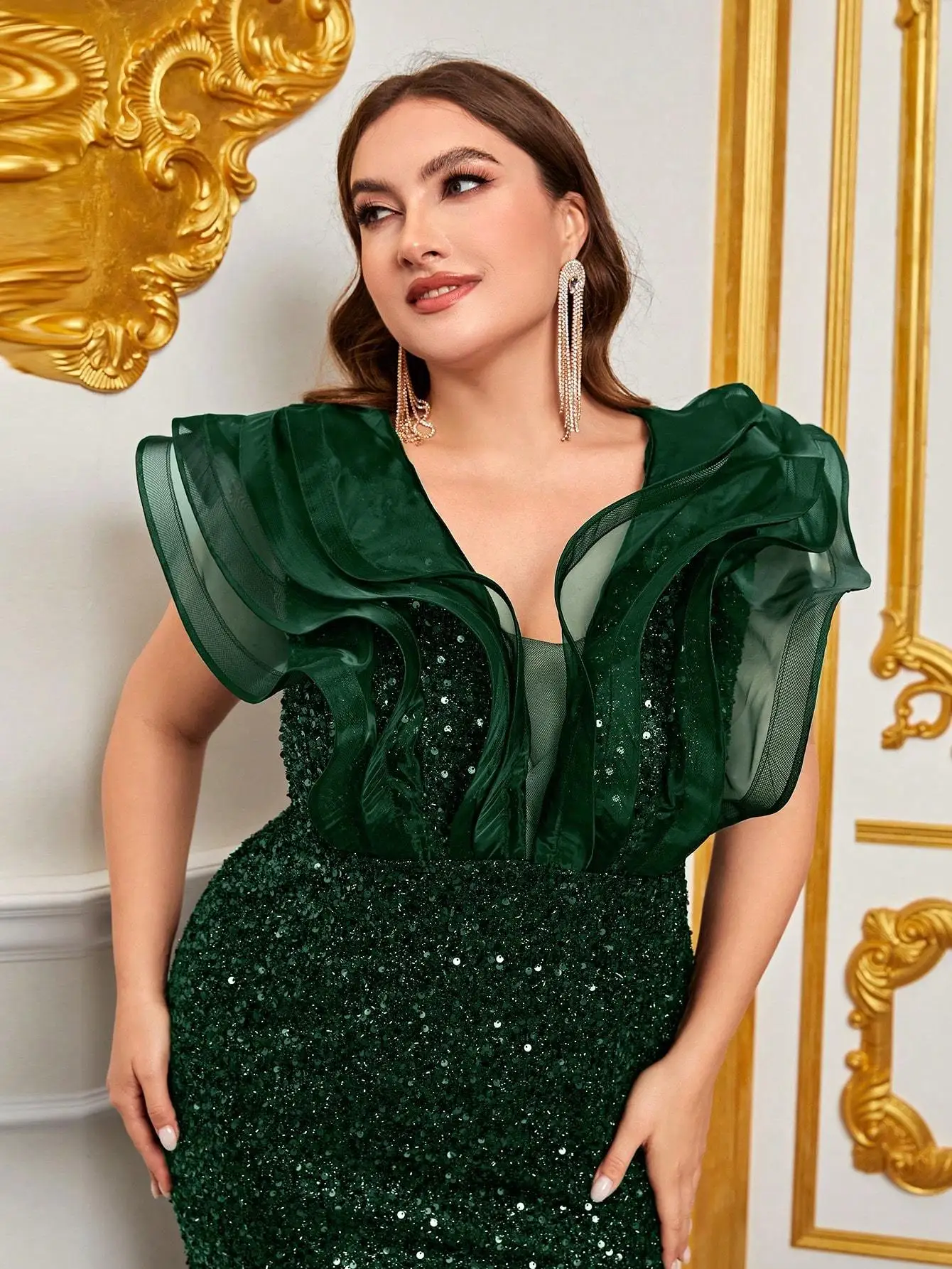 Plusee Plus Size Female Dresses V-neck Tiered Sleeve Sexy Slit Summer Dress For Women 2023 Elegant Lady Wedding Party Dresses