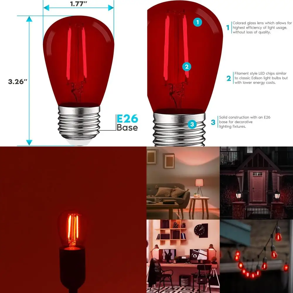 

24-Pack 0.5W Red LED Light Bulbs, E26 Base, Suitable for Outdoor String Lights, Indoor/Outdoor Use, Ideal for Decorations and Ho