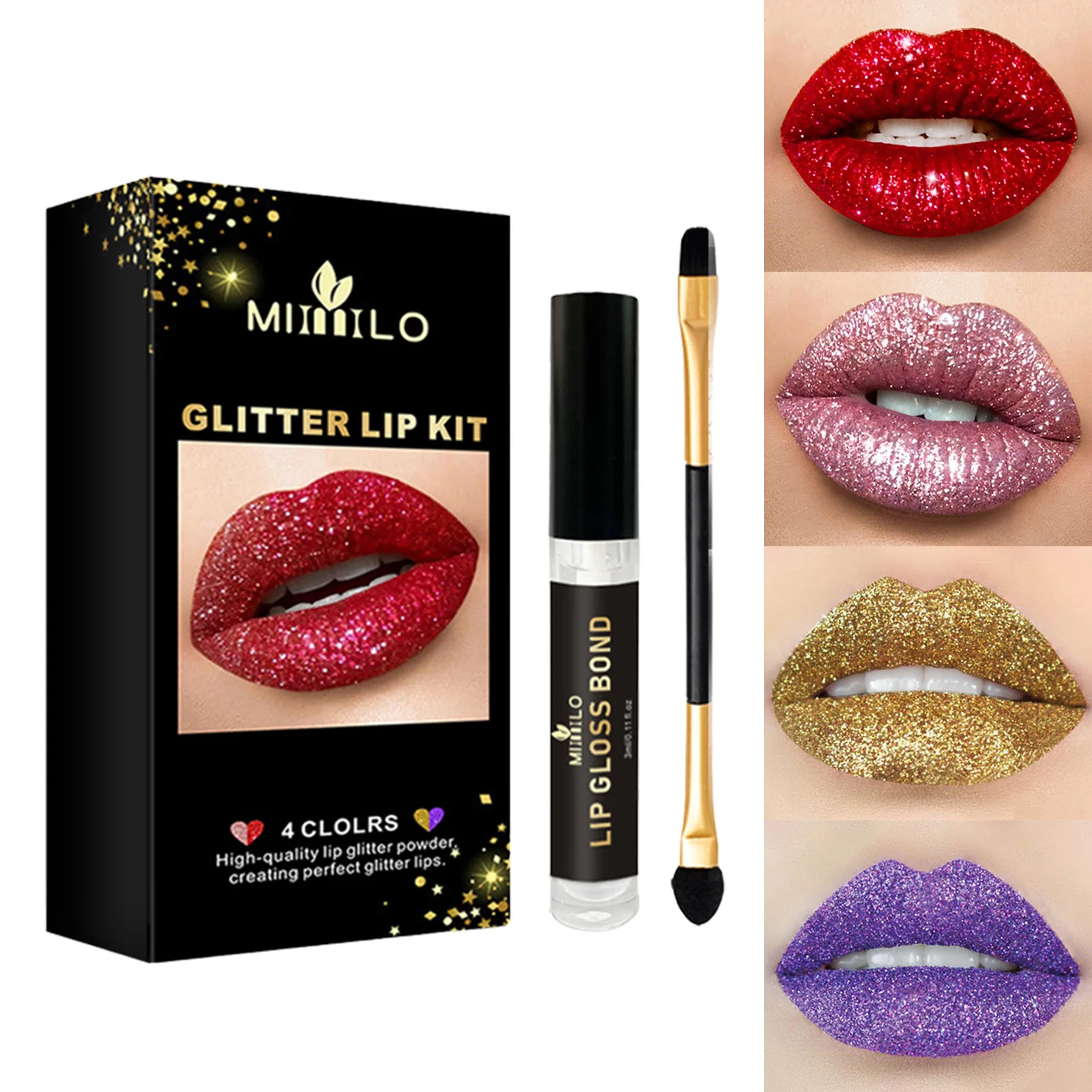 Glitter Lip Kit Long Lasting Waterproof Stay Golden Cosmetics Gloss Lipstick 4 Colors Glitter Powder Diamond Shimmer Metallic