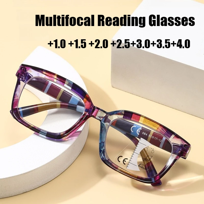 

Unisex Fashionable Multifocal Presbyopia Glasses Fashionable Striped Frame Blue Light Blocking Glasses for Farsightedness +4.0