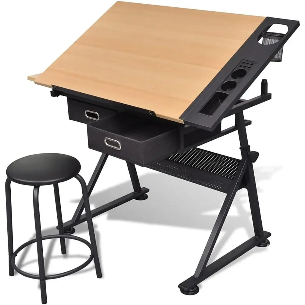 Adjustable Height Drafting Table with Storage Drawers and Side Tray, Ideal for Paintings, Art, and Office Work in Brown