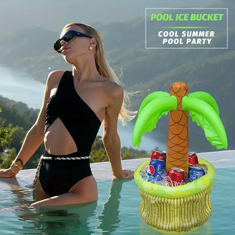 مبرد شجرة النخيل القابل للنفخ على شكل نمر مائي، دلو مشروبات لحفلات حمام السباحة الاستوائية البلاستيكية، مشروبات خلفية خارجية وصينية طعام