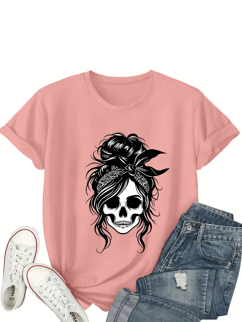 Casual T-shirt voor dames - Zwarte geometrische schedel- en bloemenprint, top met ronde hals en korte mouwen voor lente/zomerpersoonlijkheid Y2K-top - afbeelding 1