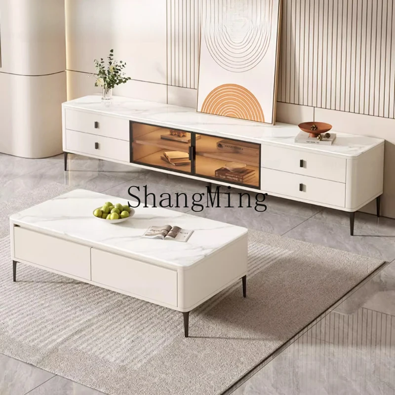 

FG Rock Slab Coffee Table and TV Cabinet Set for Living Room, Simple Solid Wood Storage Floor Cabinet