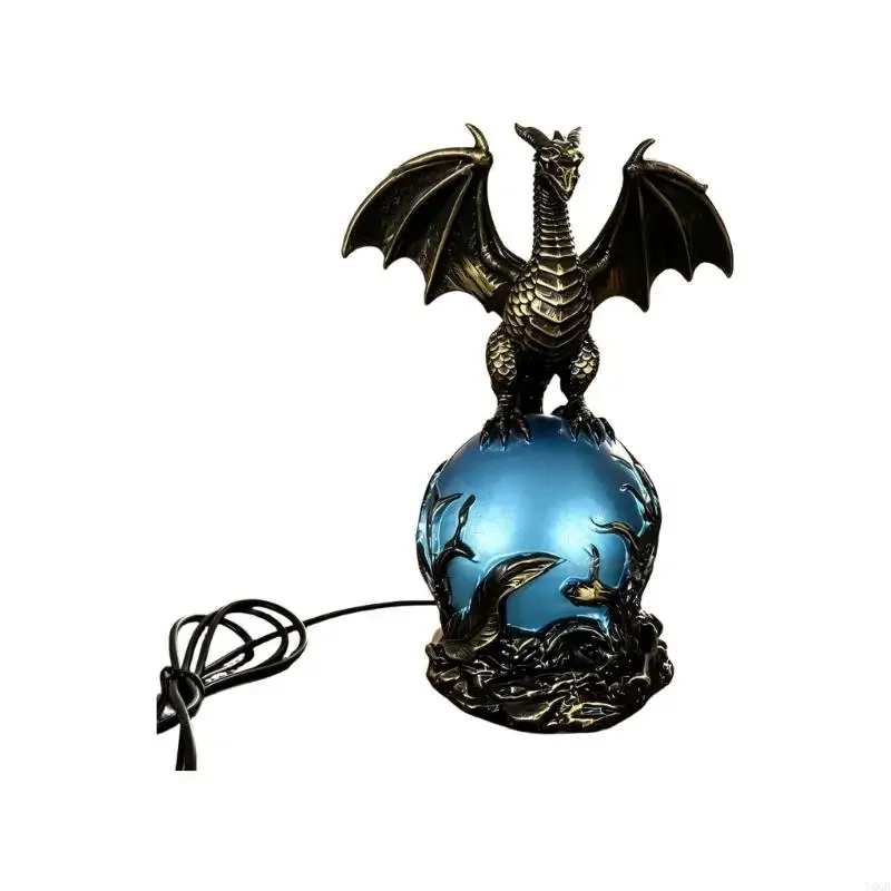 Fantasy Dragon Sphere Lamp Figure for Shelf and Desk Display, Bedroom Accent Piece With Light Center for Collector Use and Y5GB