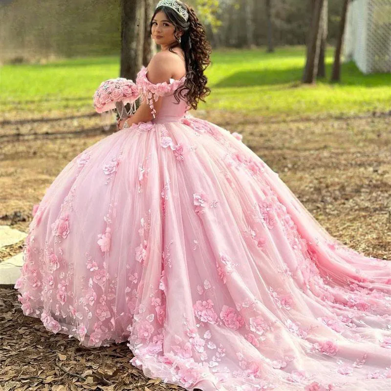 

Pink Quinceanera Dresses Ball Gown Off The Shoulder Tulle Floral Pearls Sweet 16 Dresses 15 Años Mexican