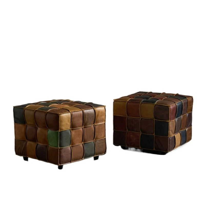 

All leather retro home living room sofa stool, medieval style shoe change small stool