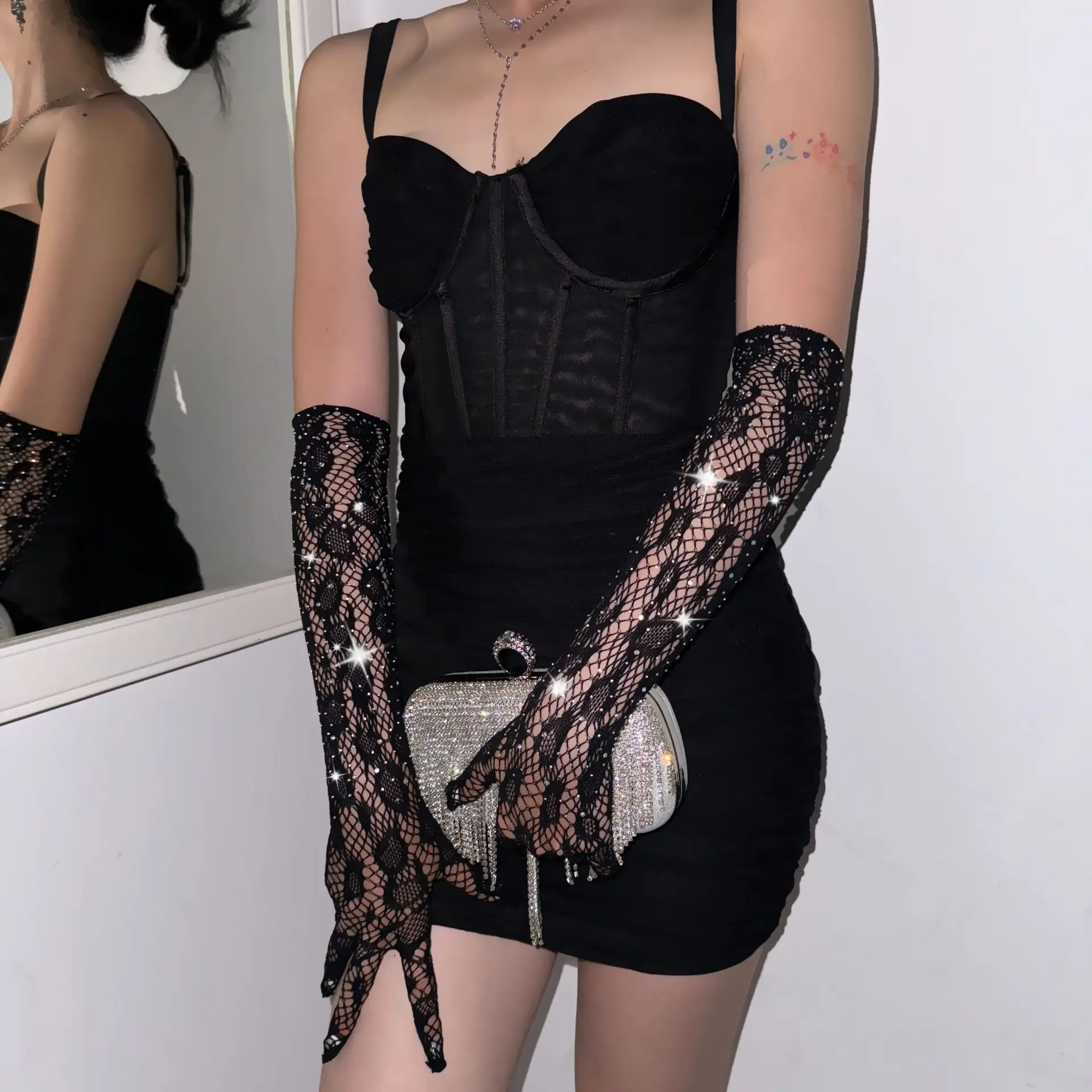 Stylish and Sexy Hot Diamond Leopard Print Bouncy Fishing Net Black Elastic Gloves Electronic Music Festival Etiquette Clothing