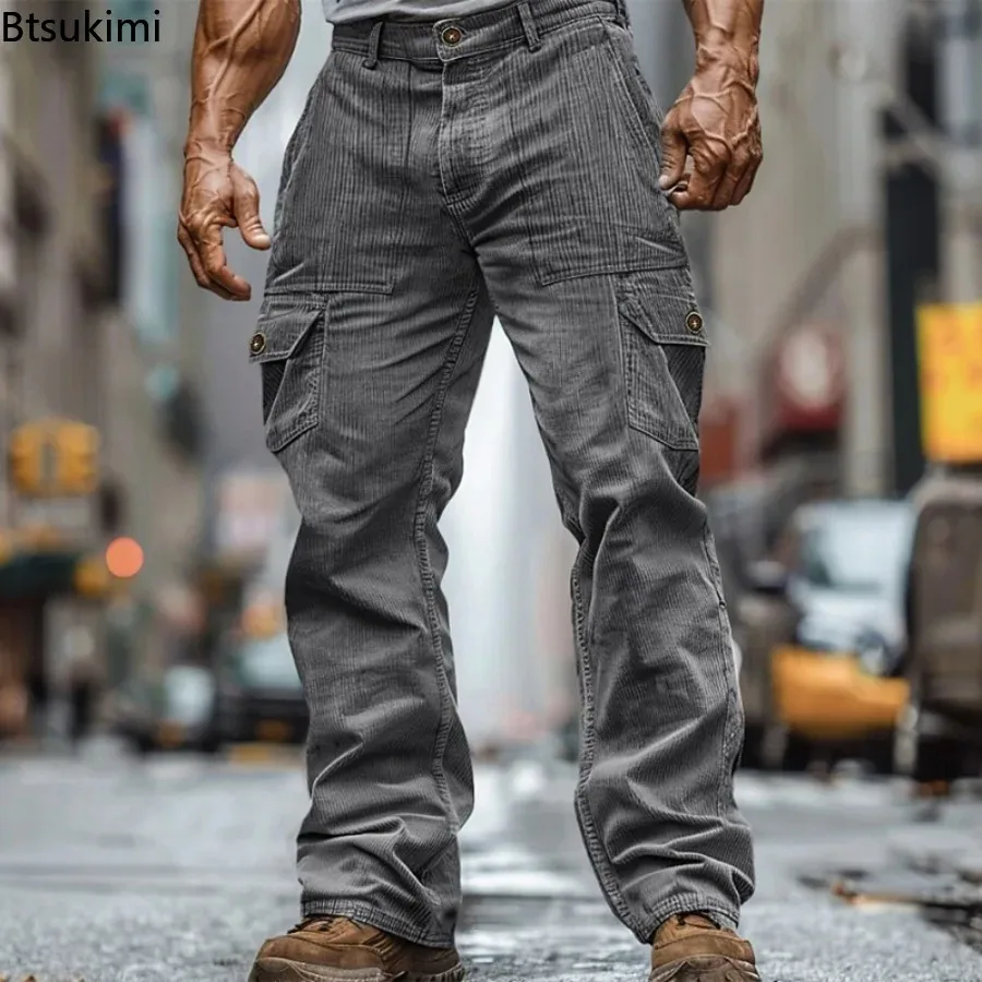 2026 Streetwear Fashion Men's Cargo Pants Autumn Outdoor Casual Solid Ribbed Corduroy Trousers Male Vintage Loose Straight Pants view 2