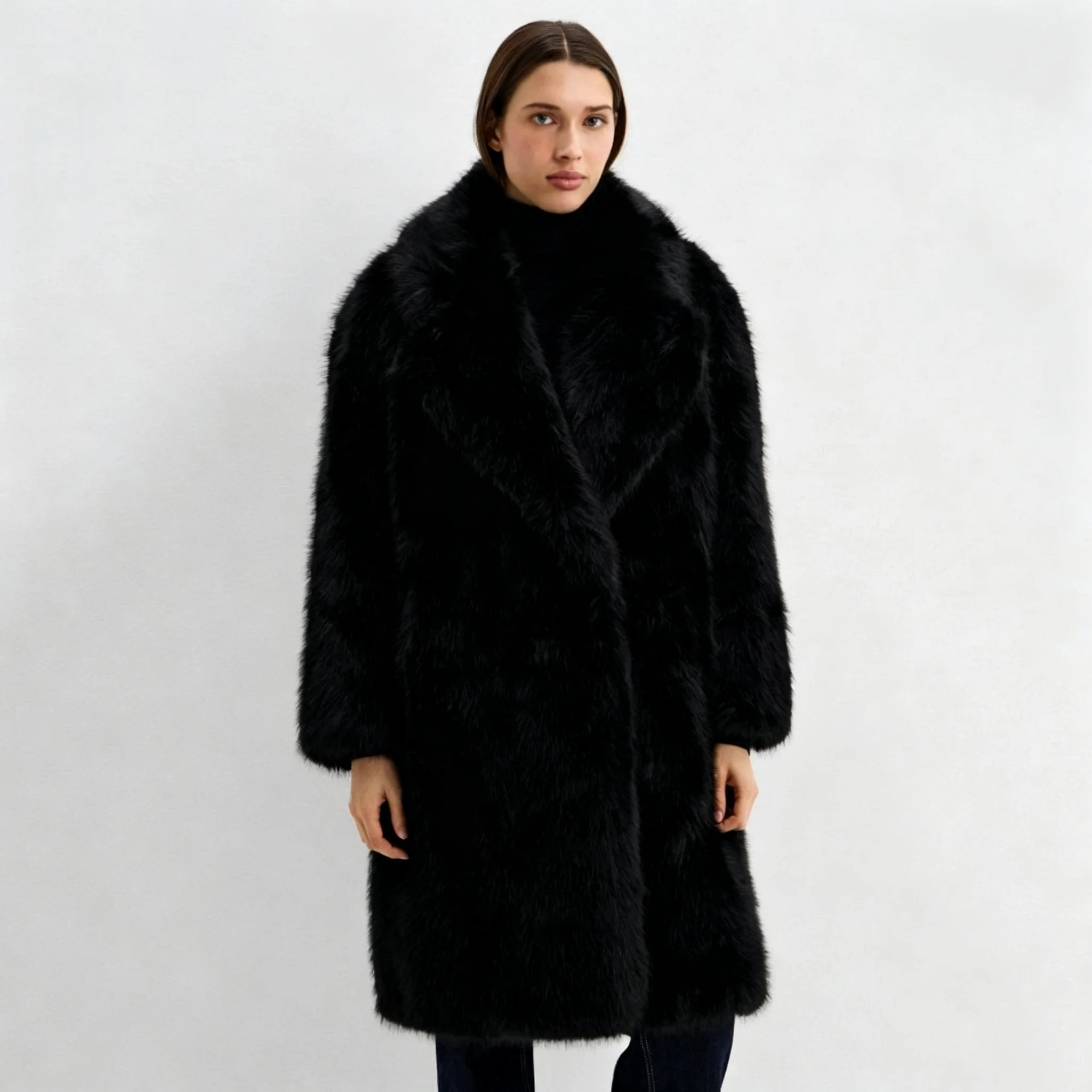 RU 2026 Women Wide Lapel Long Faux Fur Coat Loose Fit Long Sleeve Warm Jacket Autumn Winter Fashion Outerwear