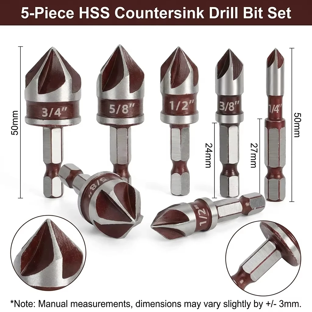

5 Flute Metal M35 Cobalt Countersink Drill Bit Set 82° 5pcs 1/4" Hex Shank Countersunk Bit Set 1/4” 3/8” 1/2” 5/8 With Holder