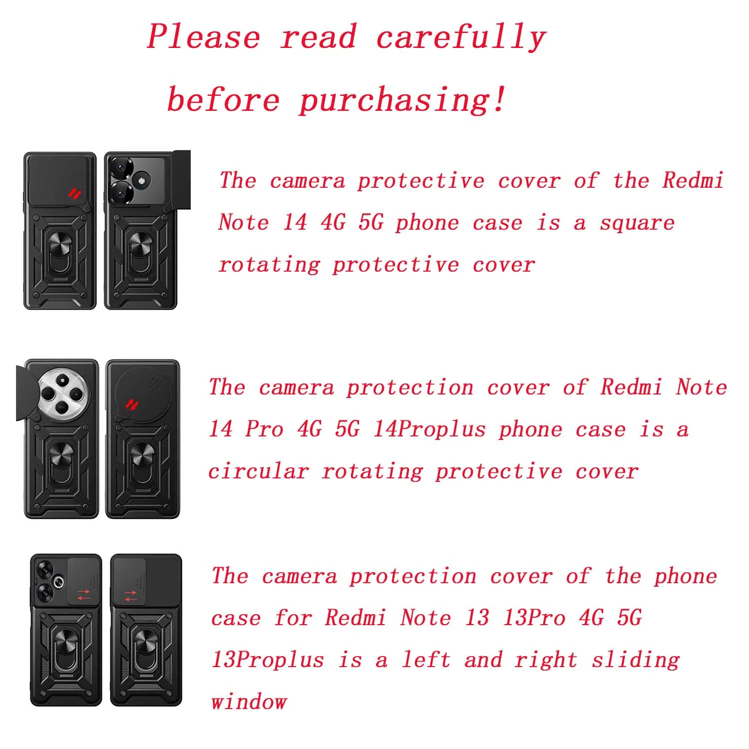 Redmi Note 14 13 Pro Plus 14 13 Pro 4G 5G 14s用アーマーリングホルダー付きスマホケース、背面カメラ保護カバー付き