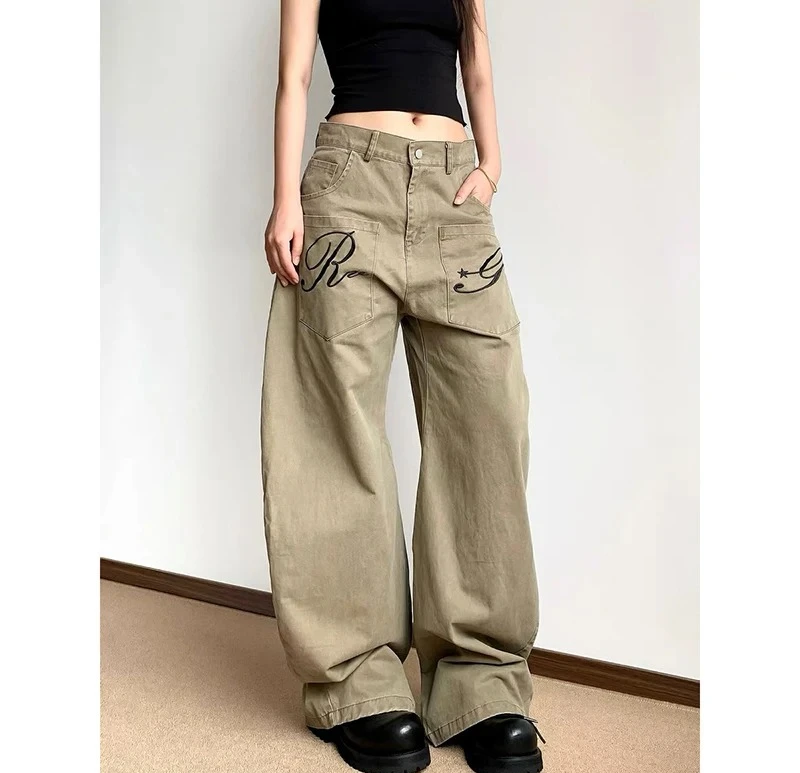 

Autumn Women Washed Straight Baggy Jeans American VintageFashion Trend Hip-Hop Loose Casual Cargo Pants