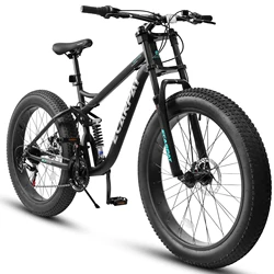 26 inch Mountain Bike, Full-Suspension 21 Speeds Drivetrain with Disc-Brake MTB Bicycle, 26*4