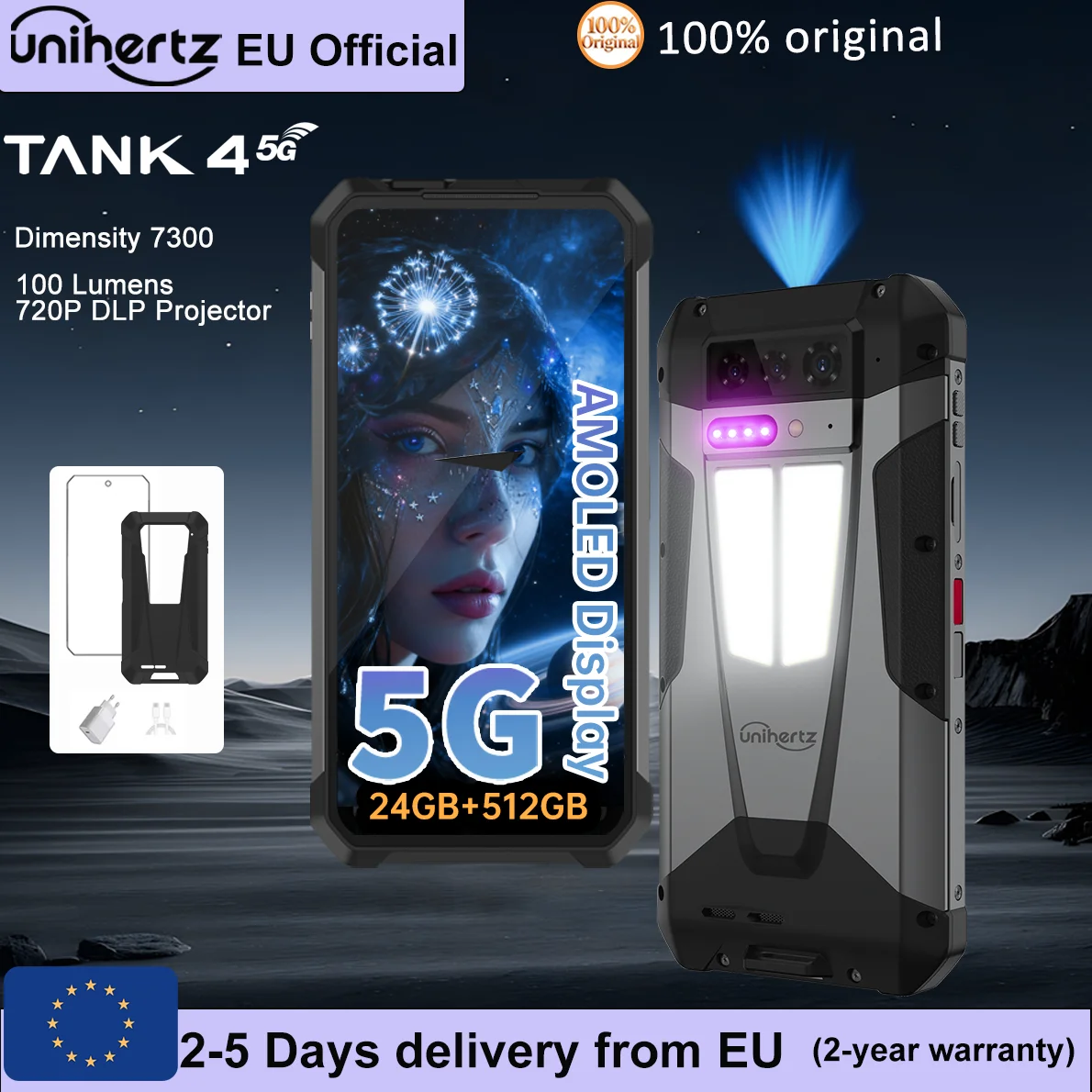 Unihertz par 8849 Tank 4 Smartphone 5G intégré 720P projecteur téléphone 24GB RAM 512GB ROM 11600mAh dimension 7300 AMOLED Android 14