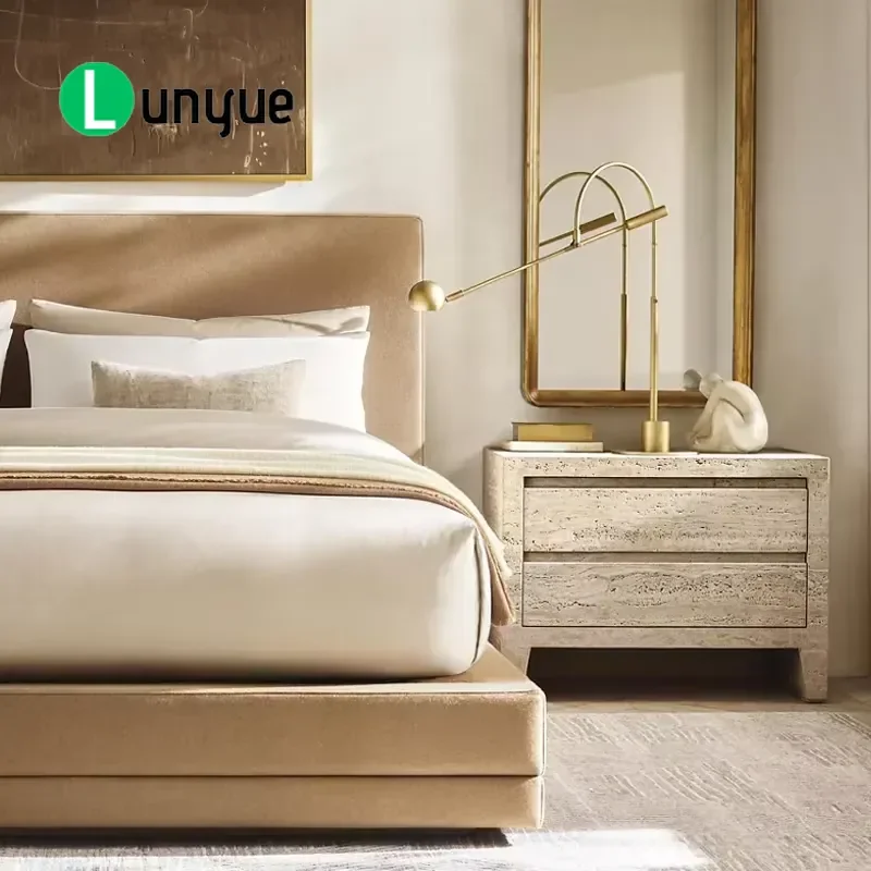 Natural Stone Bedside Table WYETH Travertine Nightstand with 2 Closed Drawers for Bedroom Furniture Storage Modern
