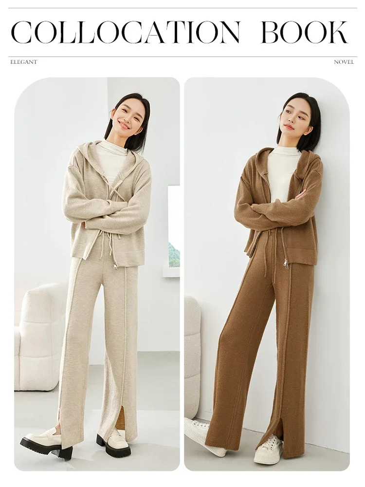 Vimly Spring Knitwear Women Knit 2 Piece Pant Sets Full-zip Hooded Sweater Coat Split Wide Leg Pants 2024 Female Clothing 1