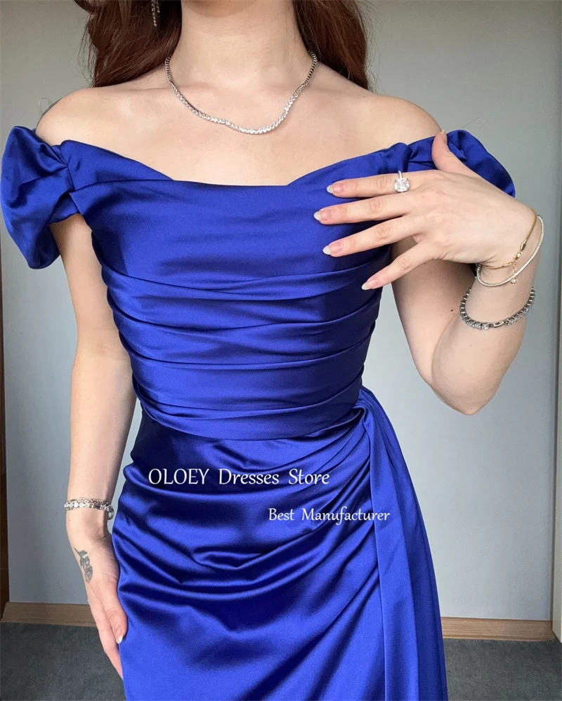 OLOEY Royal Blue Satin Evening Dresses Arabic Women Off Shoulder Satin Pleats Long Prom Gowns Formal Occasion Party Dress