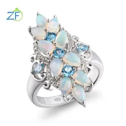 GZ ZONGFA Original 925 Sterling Silver Rings for Women Natural Pear Opal Blue Topaz Gem Wedding Ring Colorful Opal Fine Jewelry