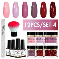 MEET ACROSS 12Pcs/Set Crystal Nude Pink Dipping Nail Powder Set No Need Lamp Nail Art Dipping Powder System Gel Nail Polish Kit