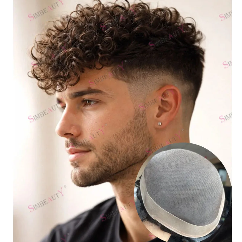 15mm Afro Curly Human Hair Baldness European Men's Toupee Natural Hairline Brown Blonde Super Durable Hair Prosthesis Capillary