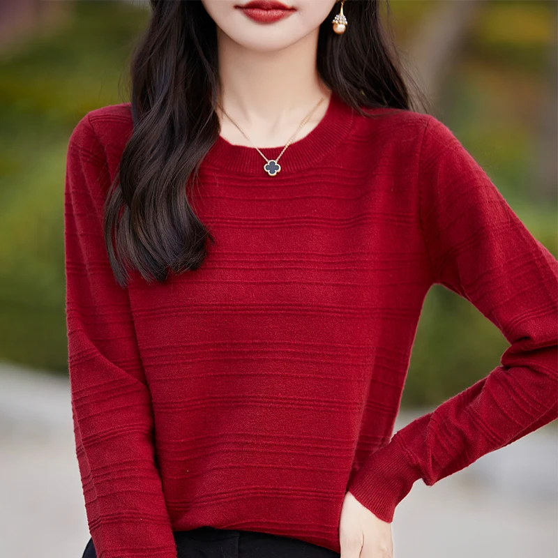 Vrouwen fijne wollen trui ronde kraag onregelmatige streep trui herfst winter vrouwelijke slanke gebreide basis tops met lange mouwen