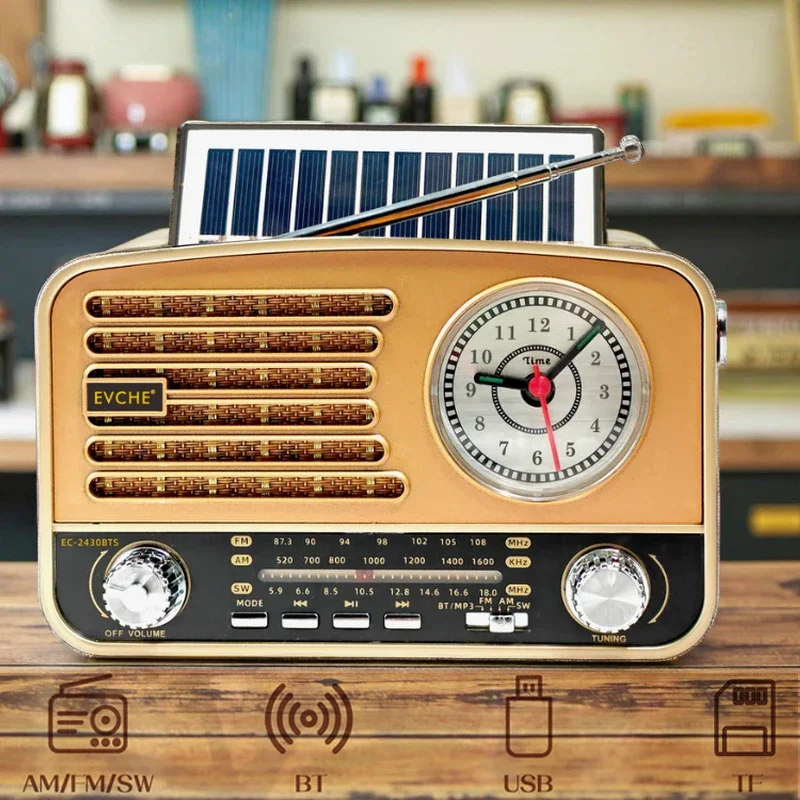 

Портативное аварийное радио с полным диапазоном, винтажные часы, FM/AM/SW приемник, солнечная панель, Bluetooth-динамик, TF/USB-плеер для пожилых людей