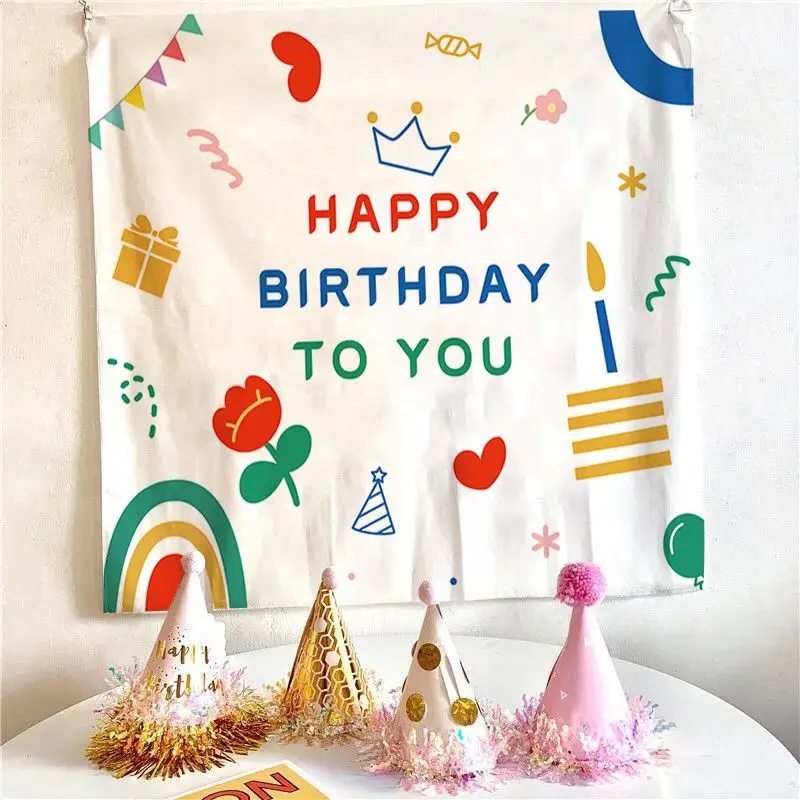 VIKAMA Morandi Abstract Cake Birthday Tapestry, Happy Birthday Aesthetic Wall Hanging for Bedroom Living Room Decor