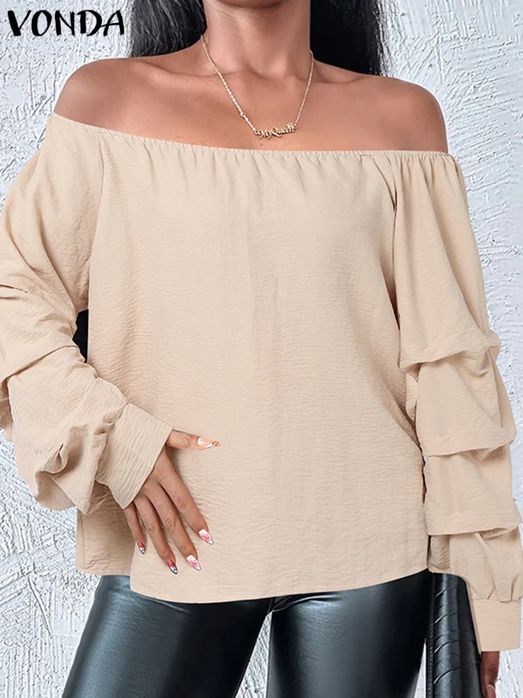 2024 Fashion Long Sleeve Off Shoulder Shirts VONDA Women Elegant Blouse Streetwear Solid Lantern Sleeve Tops Oversized Blusas