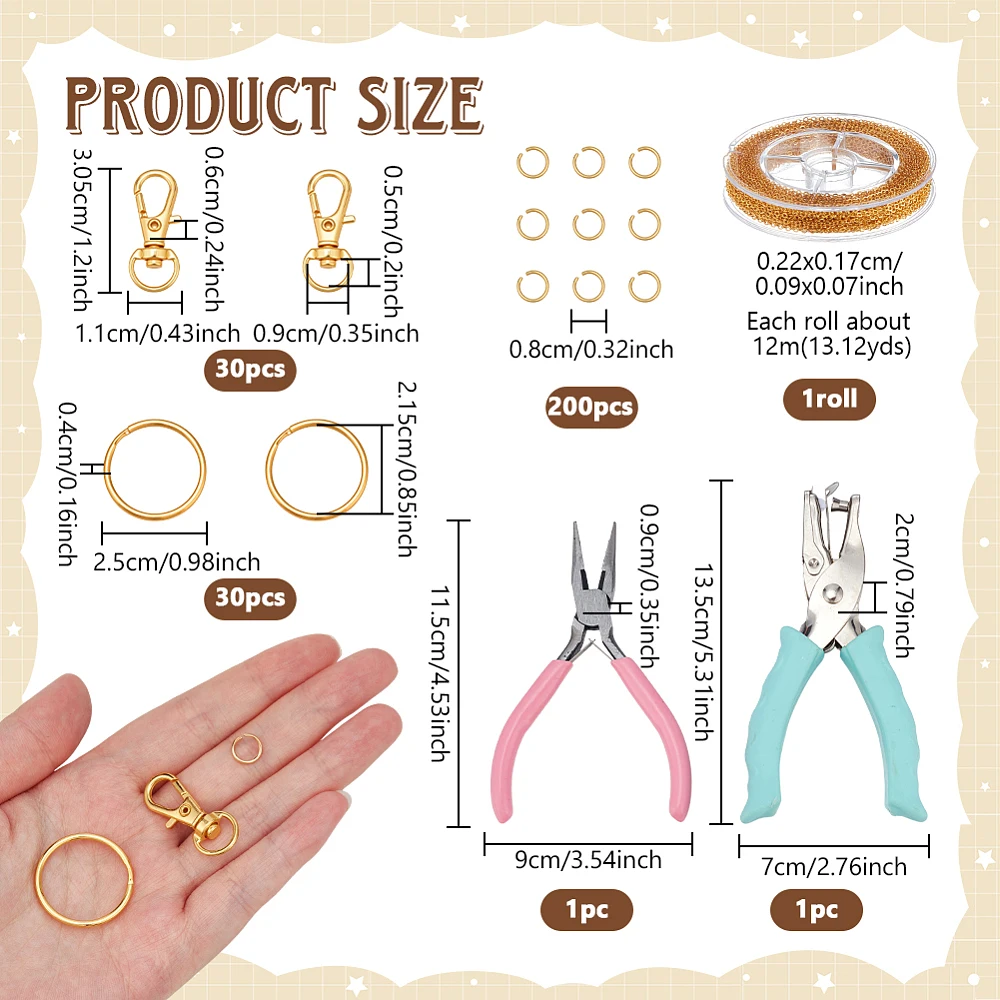 263 Pcs Lip Gloss Keychain Making Kit with 1Pc Iron Hole Punch 1 Roll Brass Cable Chains 1 Nose Pliers 200 Jump Rings Lobster