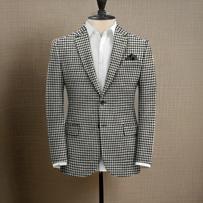 1 Piece Plaid Business Suit Jacket for Men Notch Lapel Houndstooth Male Blazer Slim Fit American Style Wedding Suit