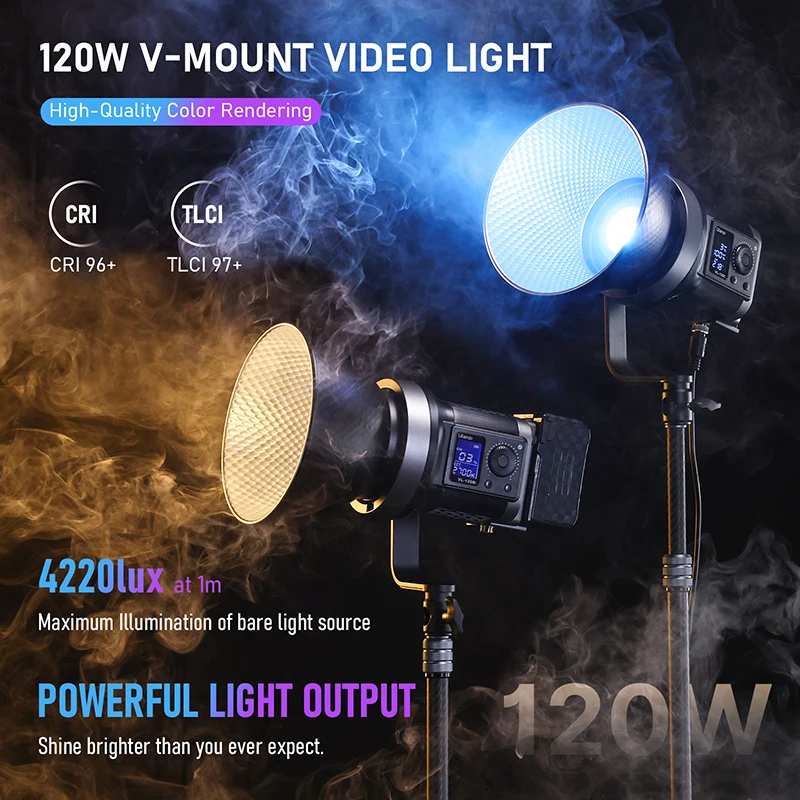 Ulanzi VL-120Bi VL-120C 120W V-Mount COB Video Light Wireless APP Control 2700K-6500K CRI＞95 for Video Photography Studio