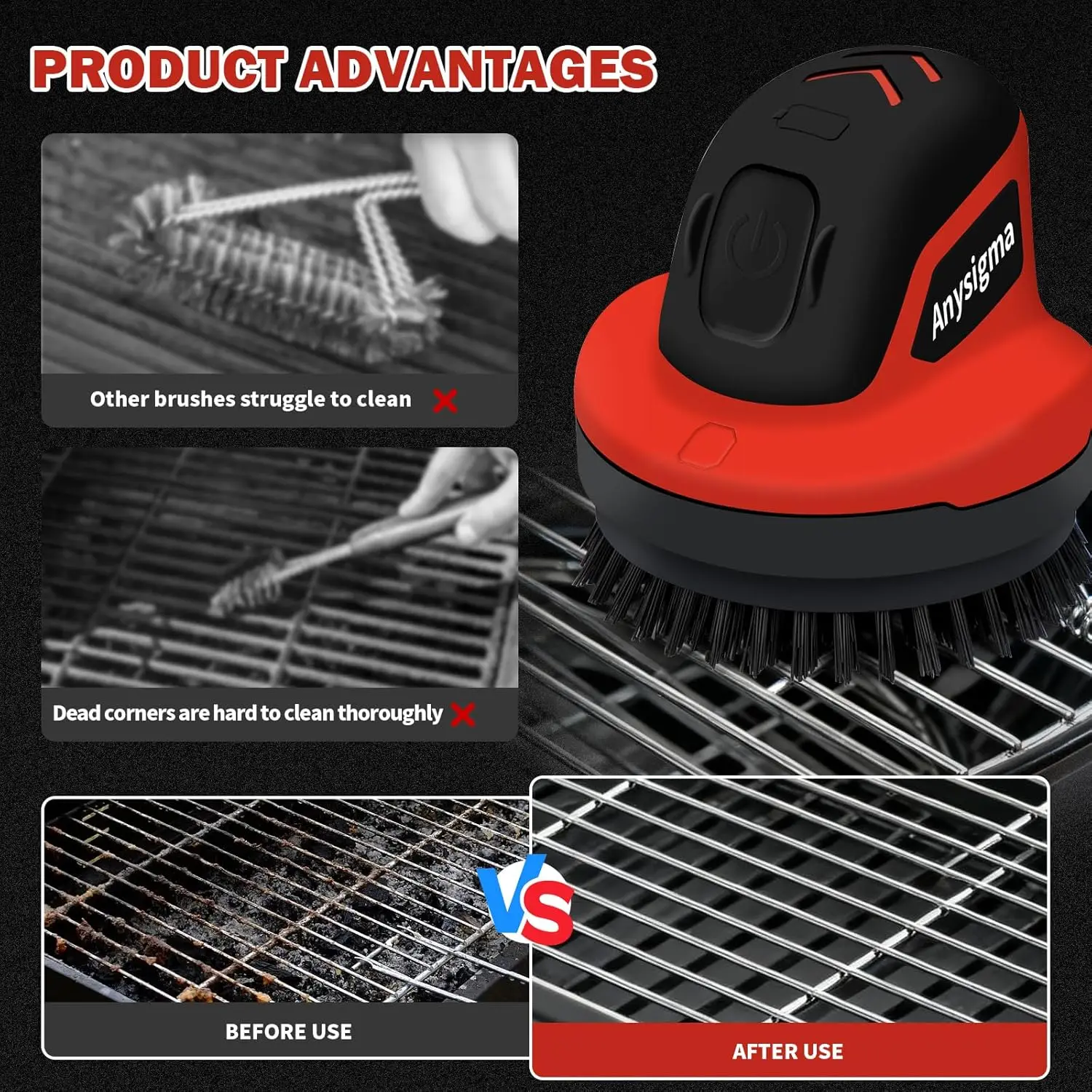 Escova elétrica sem fio para grelhar com cabeças substituíveis - limpador de churrasco recarregável, vermelho
