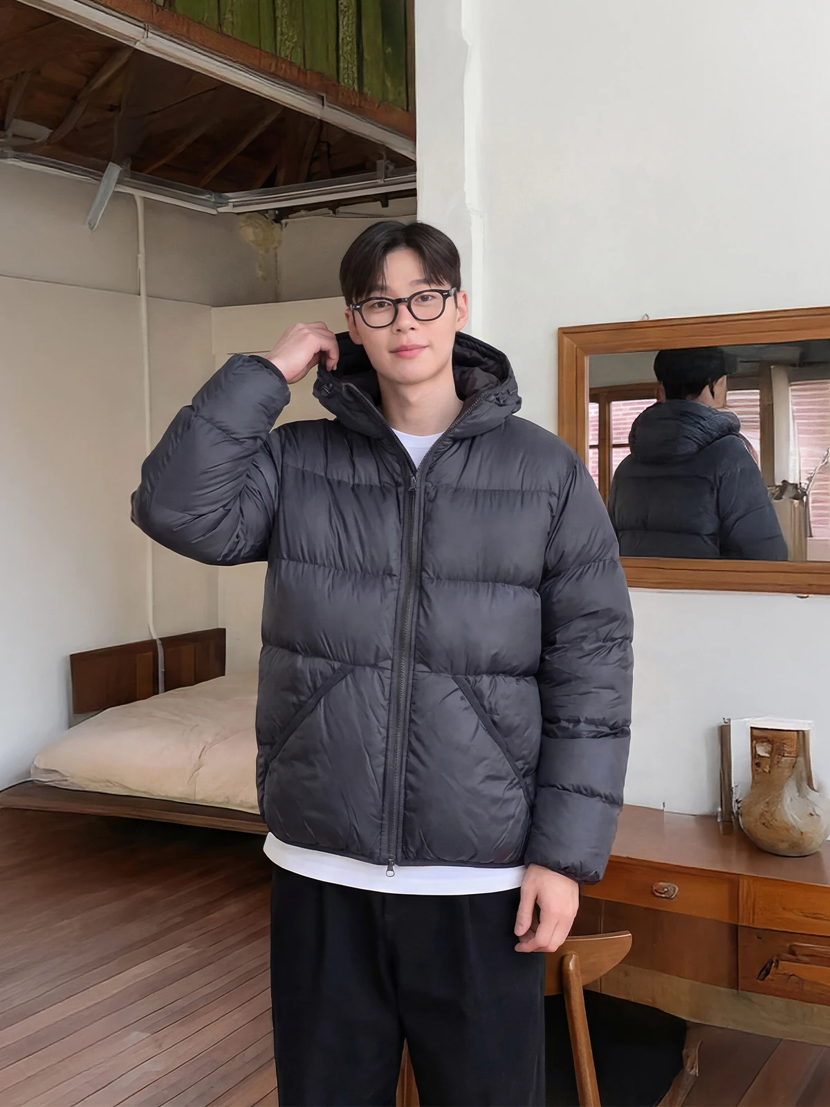 

Men's Thiened Winter Cotton Jaet Hat Hooded Bread Sle Warm Coat Korean Version Puffy Cotton Clothes Long Sve Zipper ...