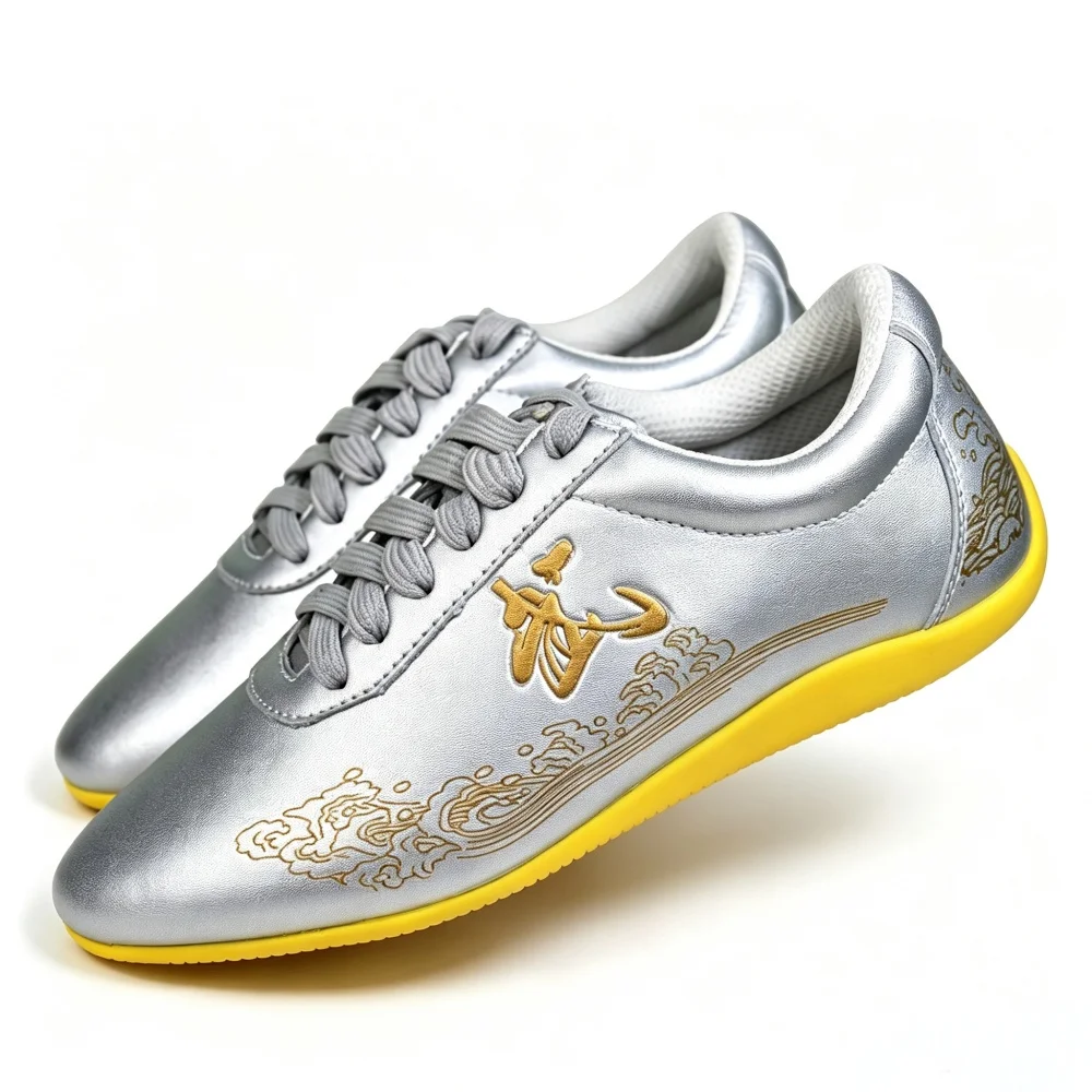 Genuine Leather Tai Chi Shoes Wu Character Wushu Sneakers Soft Yellow Sole Kung Fu Training Martial Arts Footwear for Men Women view 2