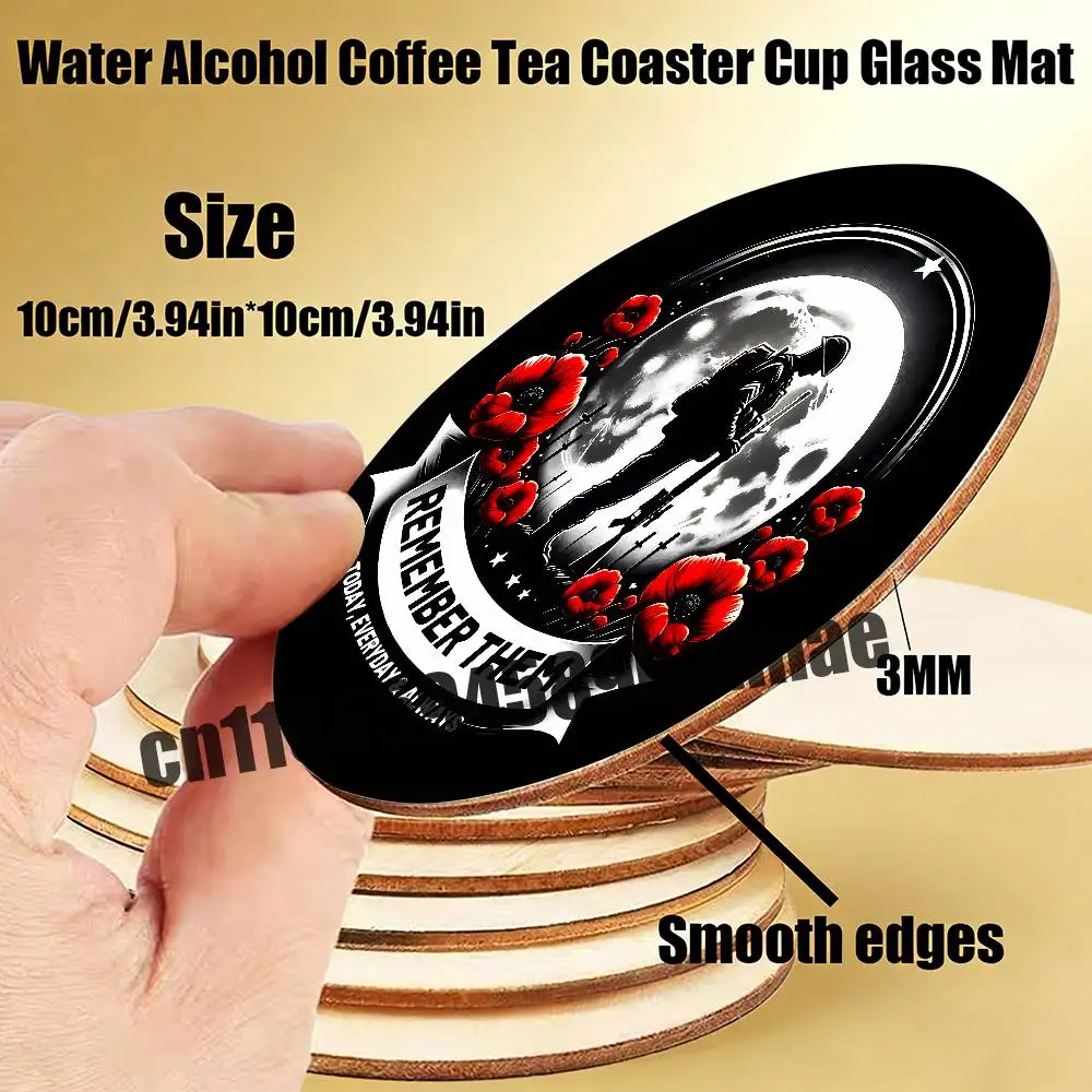 

For Memorial Day Veterans Red Poppy Water Coffee Tea Coaster Cup Glass Mat 10CM Wood Round Wooden Heat Proof