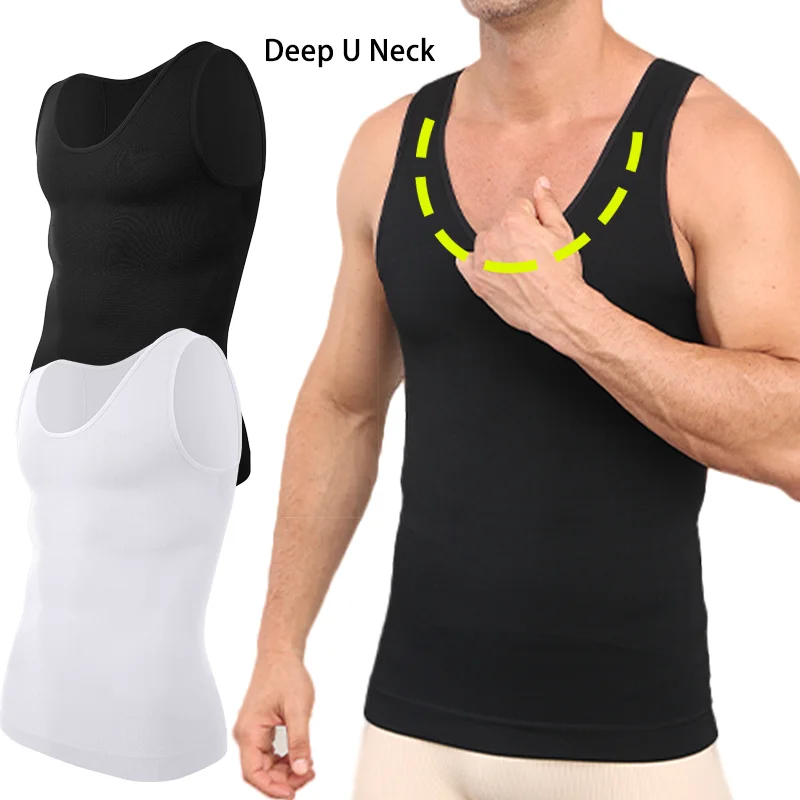 

Sleeveless Compression Shirt for Men Slimming Shapewear Deep U Neck Tank Top Tummy Control Waist Trainer Workout Undershirt