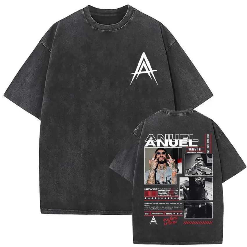 

Washed Vintage Rapper Anuel AA Album Real Hasta La Muerte Print T Shirt Men Women Fashion Hip Hop Oversized T-shirts Streetwear