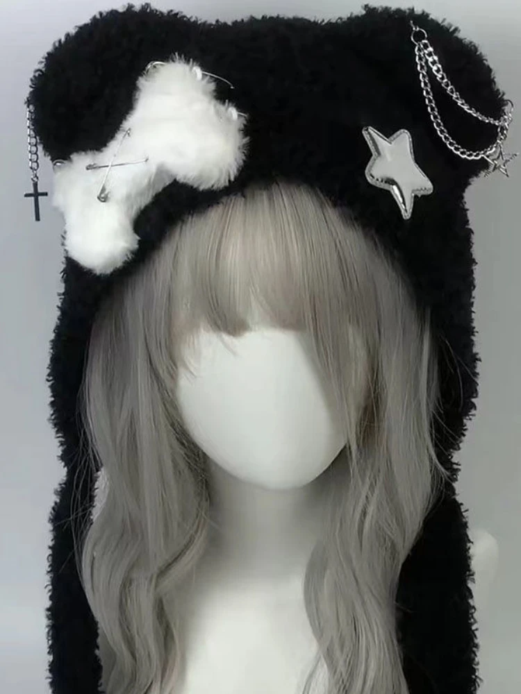 Japanese Women’s Gothic Harajuku Punk Lolita Y2K Spicy Girls Bear Ears Hat Cute Bone Cross Star Wings Patchwork Kawaii Hats