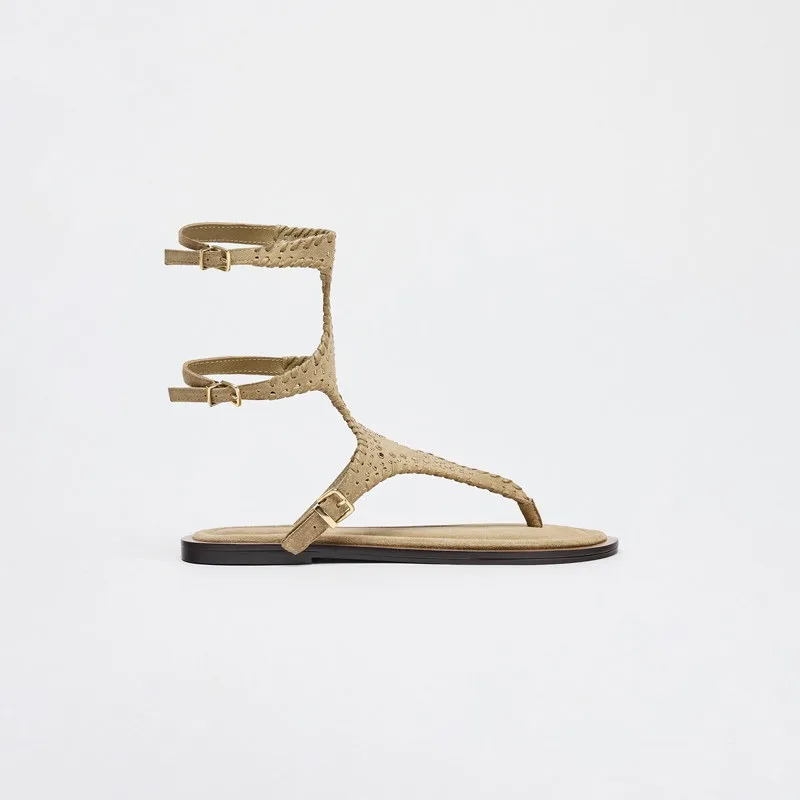2026 Summer Gladiator Sandals Women Sexy Woven One-button Sandal Boots Women's Suede Leather Rivets Bohemian Flats Sandalias