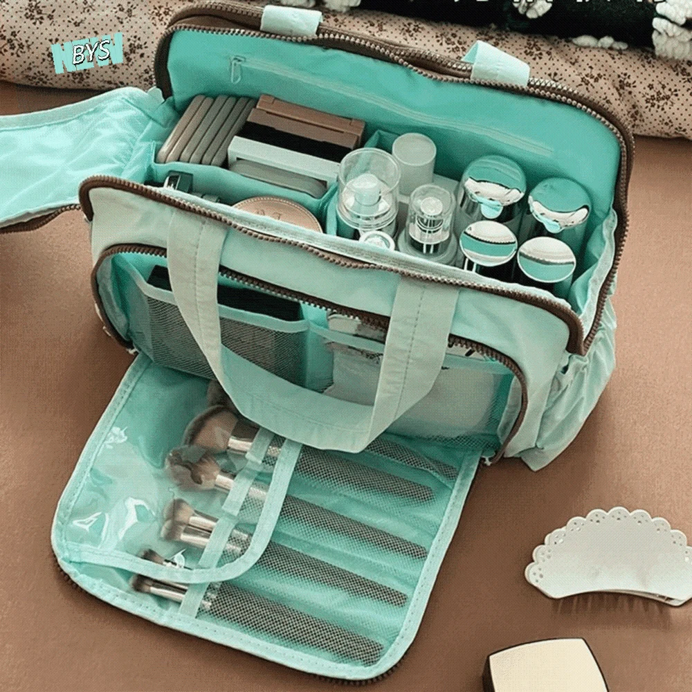 

Large Capacity Cosmetic Handbag Multiple Pockets Waterproof Portable Makeup Pouch Easy Access Comfortable Handle