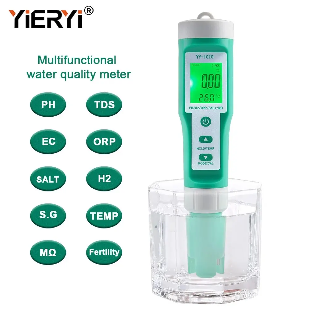 Yieryi TDS EC PH Salinity Meter ORP H2 S.G TEMP Water Quality Monitor Solution Fertilizer Resistivity Tester for Pools,Aquariums